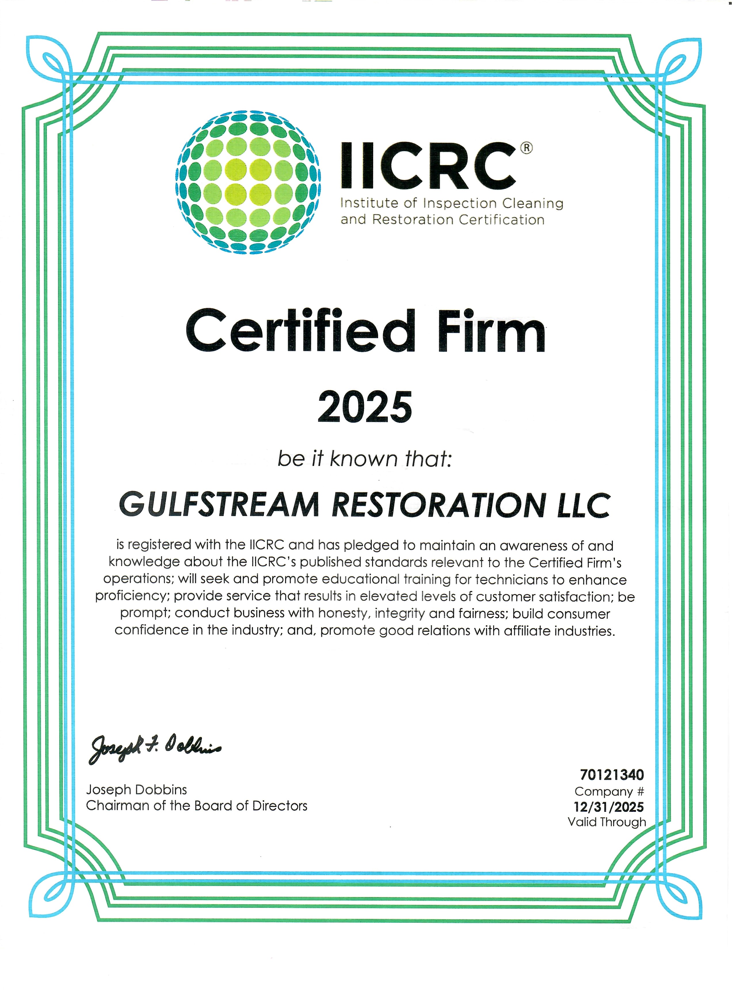 IICRC Certified Firm certificate for Gulfstream Restoration, valid through 12/31/2025